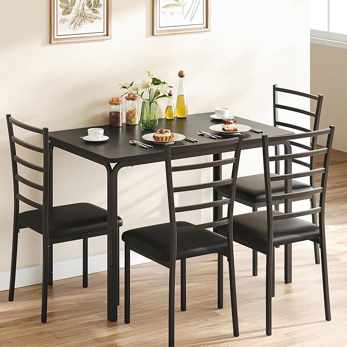 IDEALHOUSE Dining Table for 4, Small Table and Chairs Set of 4, Dinette Set for 4, Square Dinner Table Set, 3 Piece Kitchen & Dining Room Sets for Small Space (Black, Dining Table with 4 Chairs) - LeafyLoom