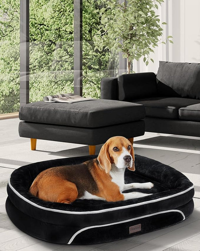 OhGeni Orthopedic Dog Bed Couch for Large Sized Pets with Egg Foam Support, Four-Sided Bolster Cushions, Soft Tear-Resistant Fabric, and Removable Machine Washable Plush Cover 35-Inch (Black) OhGeni