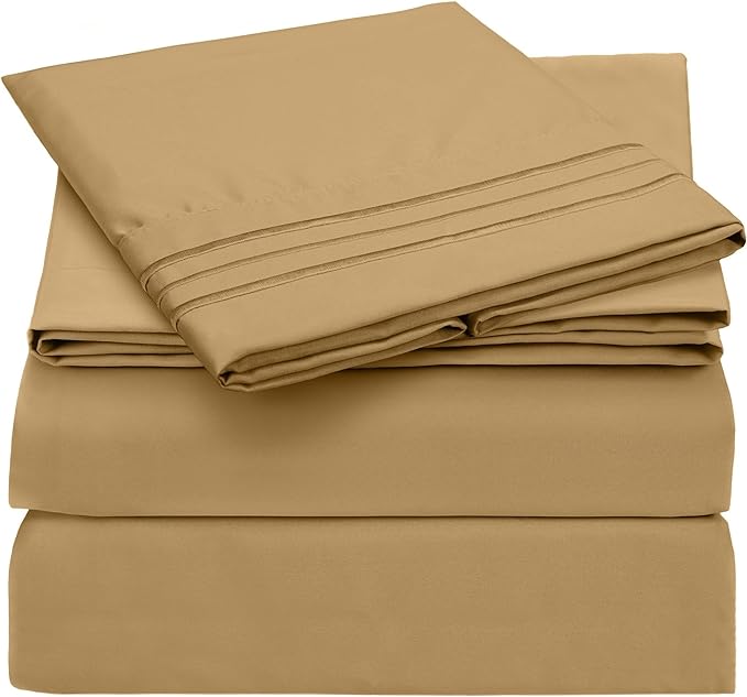 Mellanni Twin XL Sheets Set - 3 PC Iconic Collection Bedding Sheets & Pillowcases - Hotel Luxury, Extra Soft, Cooling Bed Sheets - Deep Pocket up to 16 inch (Twin Extra Long, Gold) - LeafyLoom