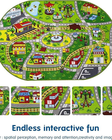 Booooom Jackson Car Rug-Train Rug-Road Rug-Kids Rugs for Playroom-Oval Rug-Car Area Rug-Kid Car Rug Play Mat-Car Mat for Kids Toy Cars-Race Car Track Rug-Car Play Rug for Kids Room-Car Carpet for Kids - LeafyLoom