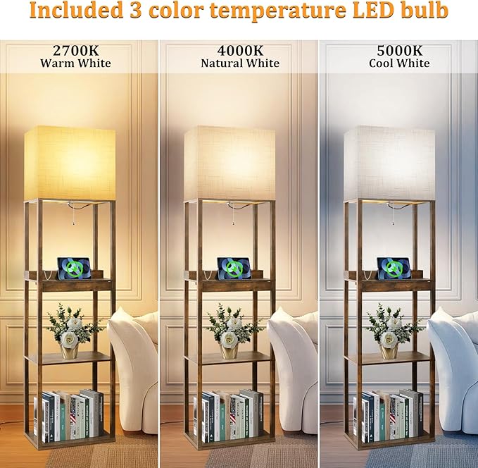 Dott Arts Floor Lamp with Shelves, wide Shelf Lamp with Wireless Charger & USB A+C Ports & 2 AC Outlets,3 Color Temperature Corner Tall Standing Floor Lamps for Living Room, Bedroom, Office (Brown) - LeafyLoom