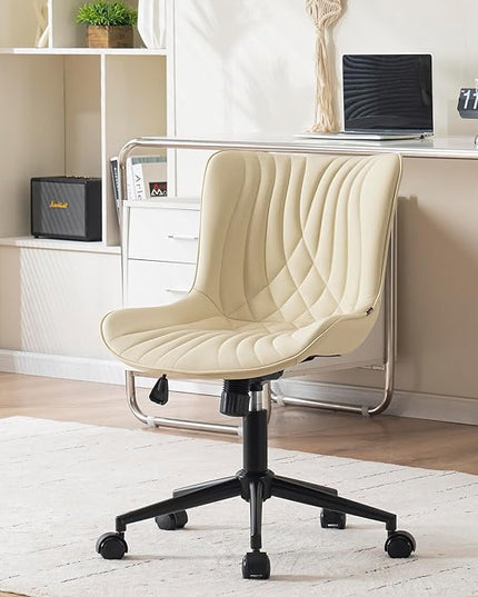 YOUNIKE Office Chair, Armless Desk Chair with Wheels, Home Office Computer Task Chairs, Modern Faux Leather Padded Vanity Chair, Adjustable Swivel Rocking Office Chair with Back, Beige - LeafyLoom