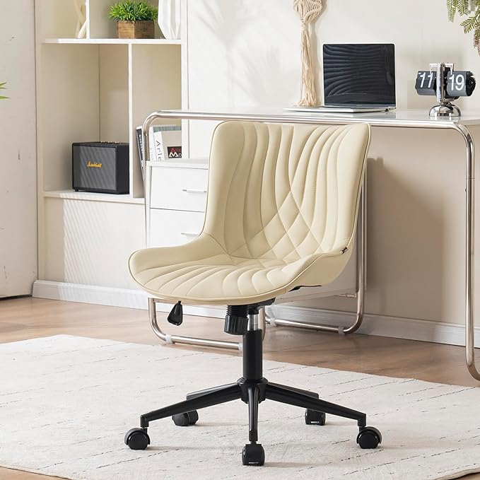YOUNIKE Office Chair, Armless Desk Chair with Wheels, Home Office Computer Task Chairs, Modern Faux Leather Padded Vanity Chair, Adjustable Swivel Rocking Office Chair with Back, Beige - LeafyLoom
