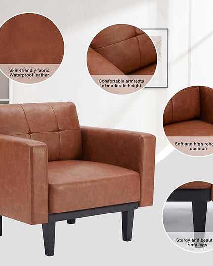 Mid-Century Modern Leather Accent Chair with Wood Base & Legs, Oversized Upholstered Single Sofa Chair, Comfy Living Room Armchairs for Apartment Bedroom Office Study, Cognac/Espresso - LeafyLoom