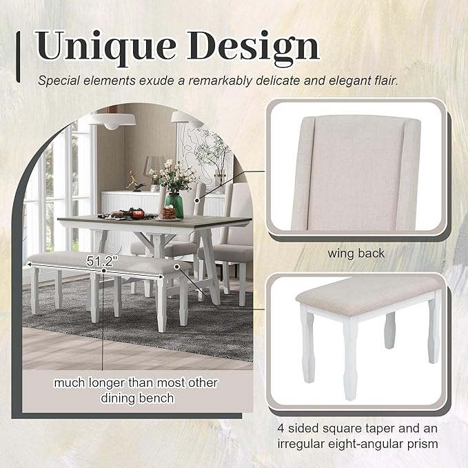 Farmhouse 6-Piece Dining Set, Included Solid Wood Rectangular Extendable Table with Two 12" W Removable Leaves and 4 Upholstered Chairs & a Bench, Home Kitchen Furniture, Brown+White-1 - LeafyLoom