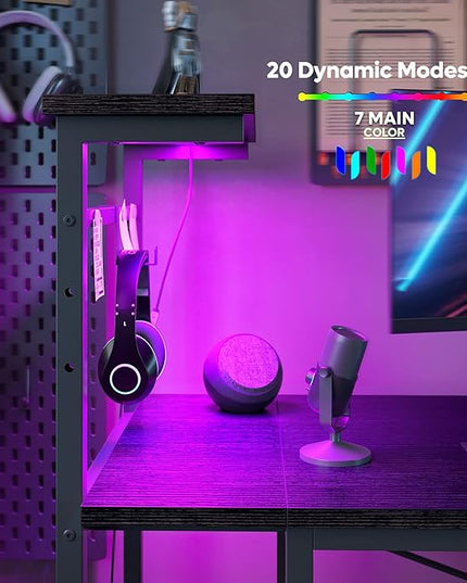 Bestier Gaming Desk with LED Lights, Computer Desk with 4 Tiers Reversible Shelves, 51.3 Inch Home Office Writing Desk with Side Storage Bag, Hooks and Height Adjustable Shelf (Black Grained) - LeafyLoom