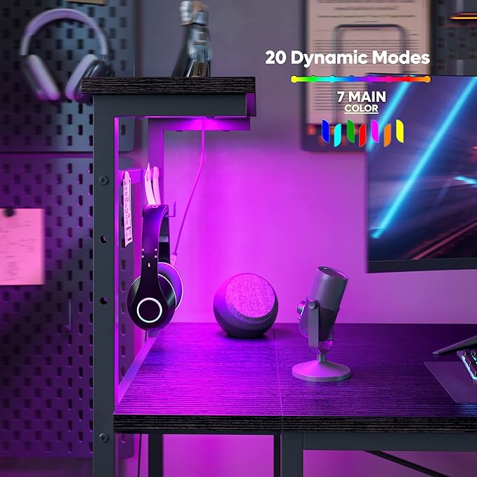 Bestier Gaming Desk with LED Lights, Computer Desk with 4 Tiers Reversible Shelves, 51.3 Inch Home Office Writing Desk with Side Storage Bag, Hooks and Height Adjustable Shelf (Black Grained) - LeafyLoom