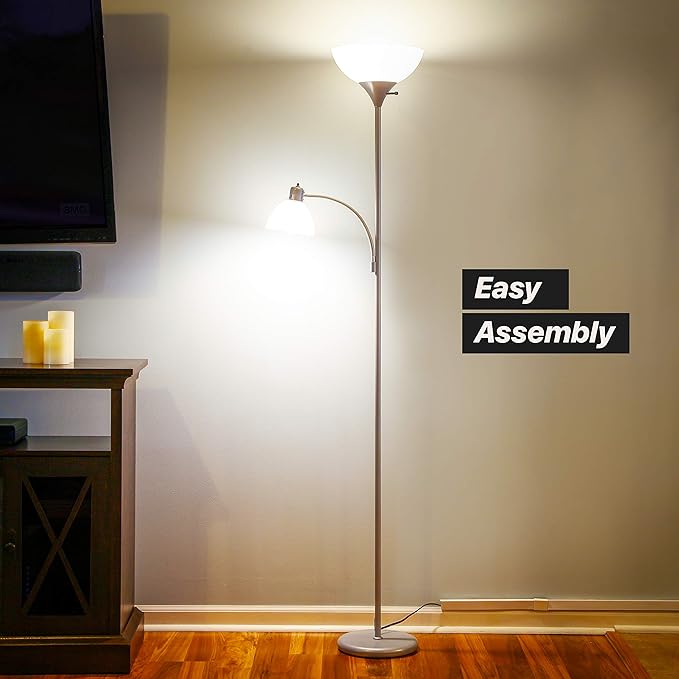 Brightech Sky Dome Plus LED Floor lamp, Torchiere Super Bright Floor Lamp with Reading Lamp for Living Rooms & Offices - Dimmable Tall Standing Lamp for Bedroom Reading - Silver - LeafyLoom