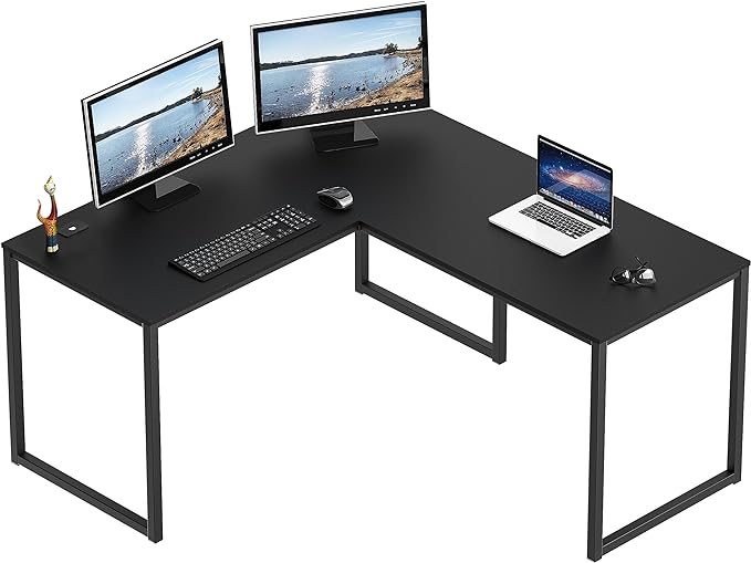 SHW Home Office 55-Inch Large L Shaped Corner Desk, 24" Deep, Black - LeafyLoom