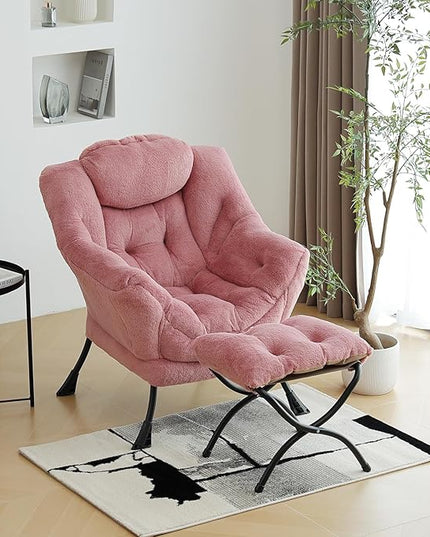 Lazy Chair with Ottoman, Modern Chair with Folding Footrest, Lounge Accent Chair, Comfortable Reading Chair (Plush Dark Pink) - LeafyLoom