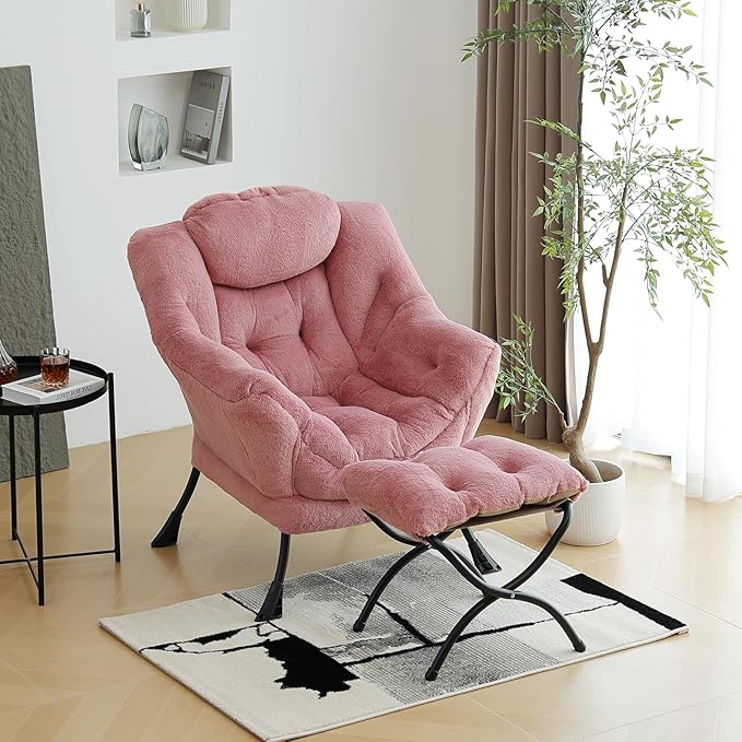 Lazy Chair with Ottoman, Modern Chair with Folding Footrest, Lounge Accent Chair, Comfortable Reading Chair (Plush Dark Pink) - LeafyLoom