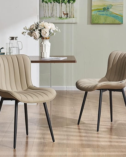 YOUNUOKE Khaki Dining Chairs Set of 2 Upholstered Mid Century Modern Kitchen Chairs Armless Faux Leather Side Chair with Padded Back Metal Legs for Living Room Bedrooms - LeafyLoom