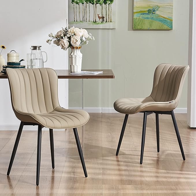 YOUNUOKE Khaki Dining Chairs Set of 2 Upholstered Mid Century Modern Kitchen Chairs Armless Faux Leather Side Chair with Padded Back Metal Legs for Living Room Bedrooms - LeafyLoom