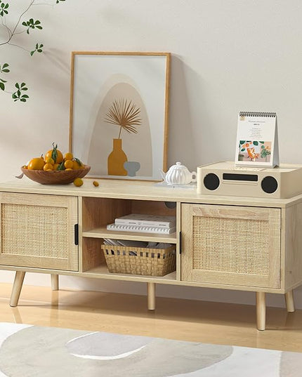 Anmytek Farmhouse Rattan TV Stand Modern Wood Media Entertainment Center Console Table for TVs up to 55 Inches with 2 Doors and 2 Open Shelves, Natural Oak, H0015 - LeafyLoom