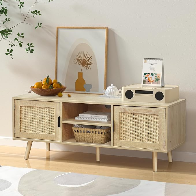 Anmytek Farmhouse Rattan TV Stand Modern Wood Media Entertainment Center Console Table for TVs up to 55 Inches with 2 Doors and 2 Open Shelves, Natural Oak, H0015 - LeafyLoom