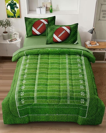 Football Comforter Set Full Size for Teen Boys, Kids Football Field Bedding Green Themed Bedroom Set with Sheets, Full Bed in a Bag Set - LeafyLoom