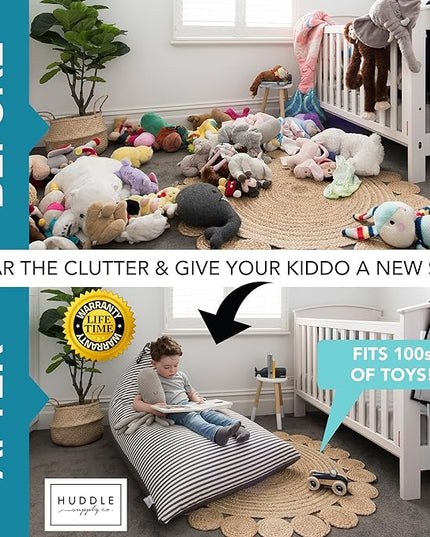 HUDDLE Original Stuffed Animal Bean Bag Storage Large Designer Beanbag Chairs for Kids Teens & Adults | Instant Clutter Clear for Stylish Moms - Stuffed Animal Storage Bean Bag Chair Grey Stripe - LeafyLoom