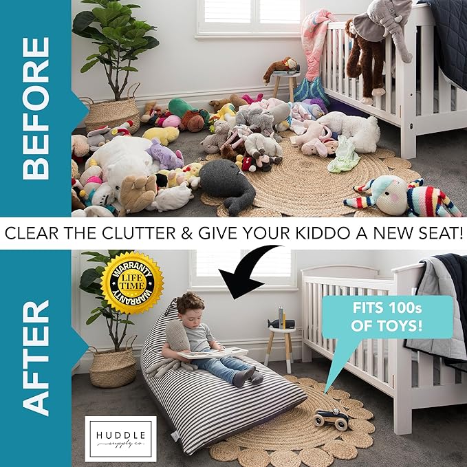 HUDDLE Original Stuffed Animal Bean Bag Storage Large Designer Beanbag Chairs for Kids Teens & Adults | Instant Clutter Clear for Stylish Moms - Stuffed Animal Storage Bean Bag Chair Grey Stripe - LeafyLoom
