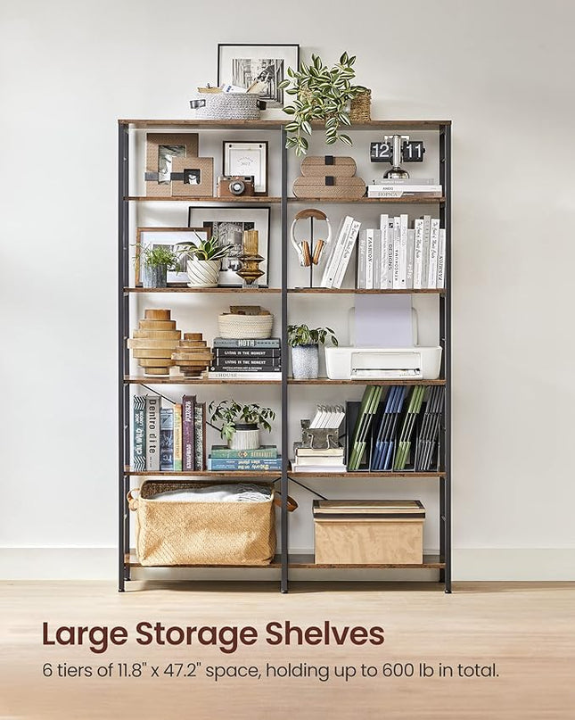 VASAGLE 6-Tier Tall Bookshelf, Bookcase, Large Metal Shelf, 11.8 x 47.2 x 67.9 Inches, for Living Room, Kitchen, Pantry, Study, Home Office, Rustic Brown and Black ULLS114B01 - LeafyLoom