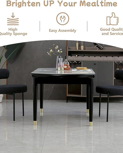 Black Dining Chairs Set of 2 Round Upholstered Boucle Dining Room Chairs Mid-Century Modern Kitchen Chairs Curved Backrest Chairs for Dining Room Black Metal Legs - LeafyLoom