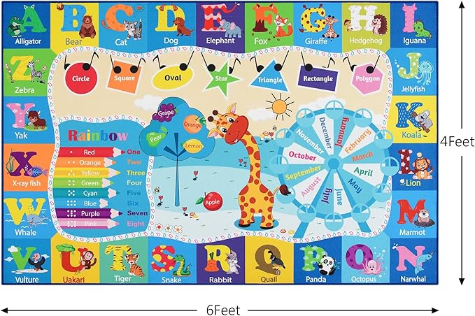 Chicrug Educational Kid Area Rug for Playroom, 4x6 Feet TPR Non Slip Kids Classroom Carpet Rug for Learning ABC Animal, Shape Color Fruit, Washable Play Mat Rug for Children Nursery Toddler Room Decor - LeafyLoom