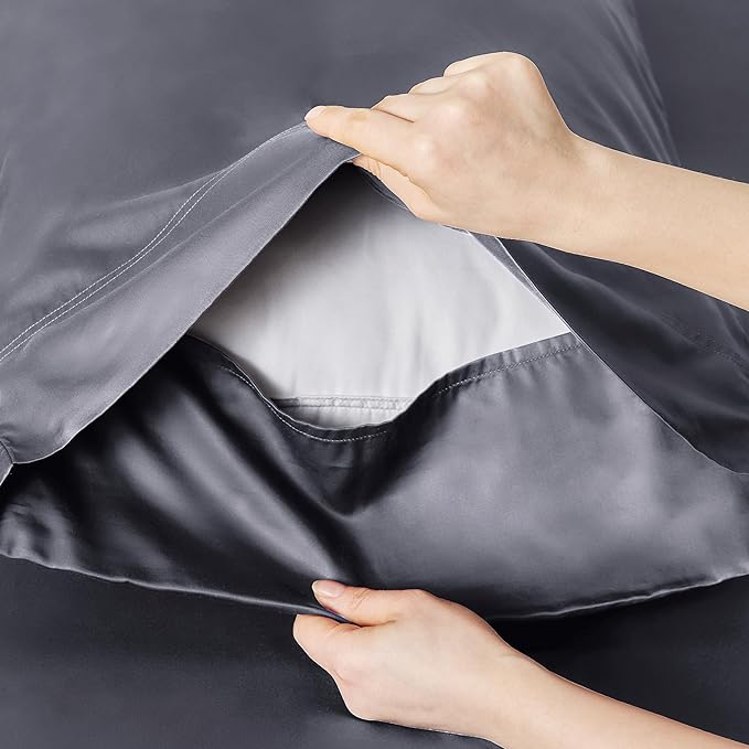 Bedsure King Size Sheet Set, Cooling Sheets King, Rayon Derived from Bamboo, Deep Pocket Up to 16", Breathable & Soft Bed Sheets, Hotel Luxury Silky Bedding Sheets & Pillowcases, Dark Grey - LeafyLoom