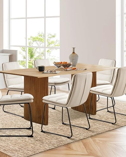 COLAMY Dining Chairs Set of 6, Modern Waffle Fabric Dining Chairs, Faux Leather Chairs with Back for Kitchen Dining Living Waiting Room, Cream - LeafyLoom