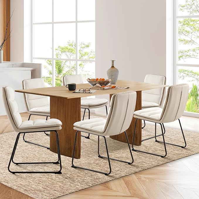 COLAMY Dining Chairs Set of 6, Modern Waffle Fabric Dining Chairs, Faux Leather Chairs with Back for Kitchen Dining Living Waiting Room, Cream - LeafyLoom