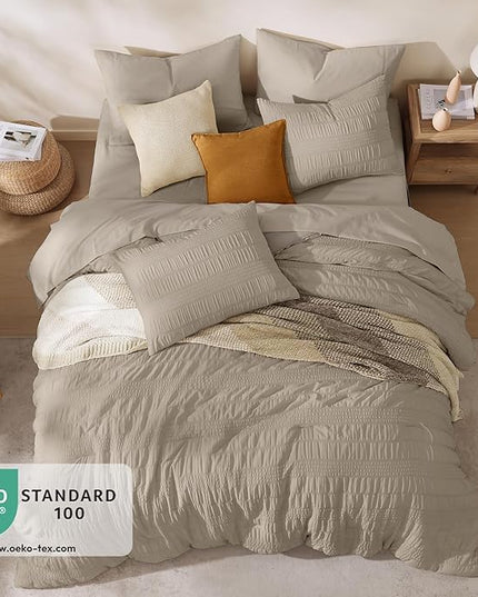 CASAAGUSTO Twin XL comforter Set, 5 Pieces Oatmeal Seersucker Bed in a Bag Twin XL Soft All Seasons, Twin Bedding Set with Comforter, Flat Sheet, Fitted Sheet, 1 Pillow Sham, 1 Pillowcase - LeafyLoom