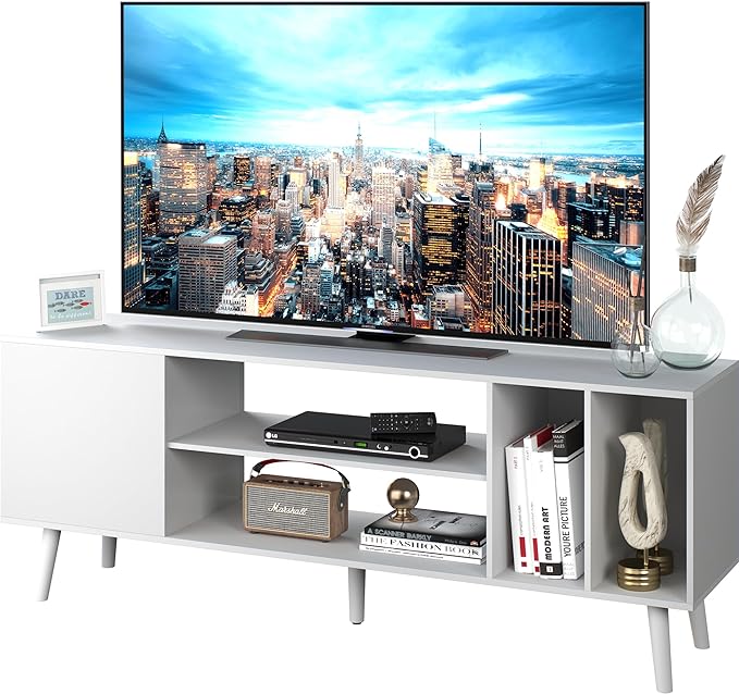 Yusong TV Stand for 55/65 inch TV, Mid Century Modern TV Console Table, Media Entertainment Center with Storage for Living Room Bedroom, Wood TV Cabinet, Oak White - LeafyLoom