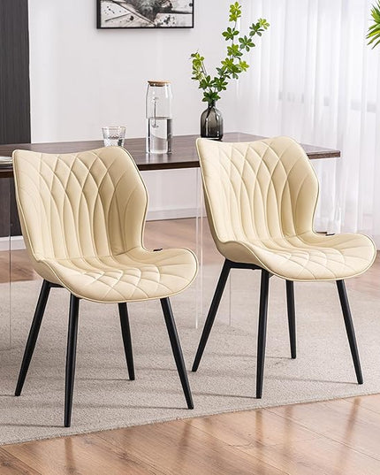 YOUNIKE Dining Chairs Set of 2, Upholstered Faux Leather Kitchen Chairs Dining Room Chairs, Modern Living Room Bedroom Side Chairs with Wide Curved Back and Adjustable Metal Legs, Beige - LeafyLoom