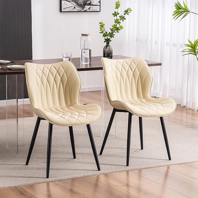 YOUNIKE Dining Chairs Set of 2, Upholstered Faux Leather Kitchen Chairs Dining Room Chairs, Modern Living Room Bedroom Side Chairs with Wide Curved Back and Adjustable Metal Legs, Beige - LeafyLoom