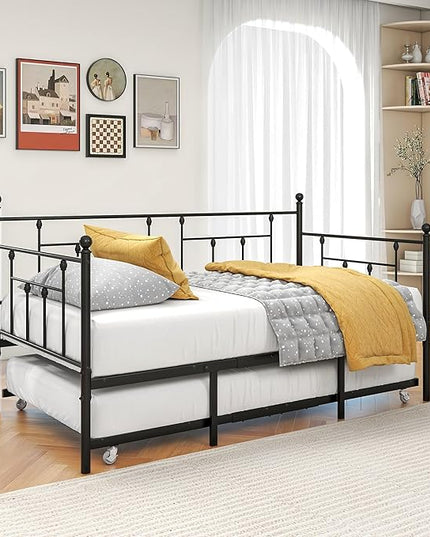 Twin Size Metal Daybed Frame with Trundle,Modern Multifunctional Platform Bed w/Slat Support and Retractable Support Tubes,Easy Assembly,for Guest Room,Bedroom,Living Room,Black - LeafyLoom