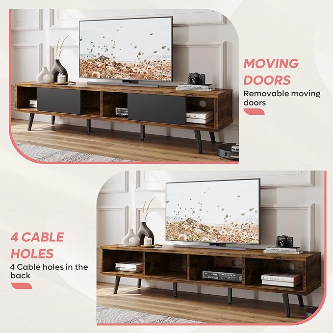 Bestier 70 inch Mid Century Modern TV Stand for 75 inch TV, Low Profile TV Stand with Storage, Entertainment Center for Living Room, Cord Management, Rustic Black - LeafyLoom