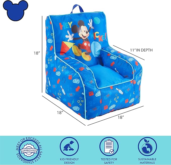 Idea Nuova Disney Mickey Mouse Kids Nylon Bean Bag Chair with Piping & Top Carry Handle, Large - LeafyLoom