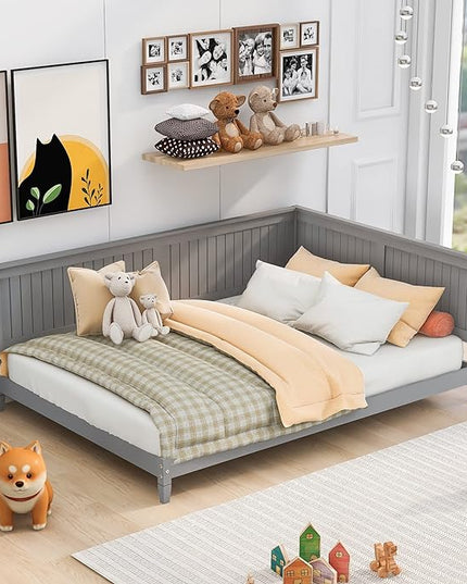 Jintop Full Size Wood Daybed with Slat Support,Sofa Bed Frame W/Backrest and Armrest,Easy to Install,for Teens Kids Girls Boys,Living Room Bedroom Apartment,Gray - LeafyLoom
