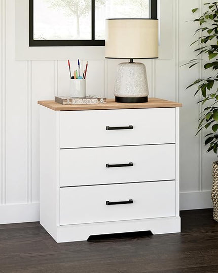 Prepac Three Drawer Nightstand, 16.25" D x 27.5" W x 26.75" H, White & Oak - LeafyLoom