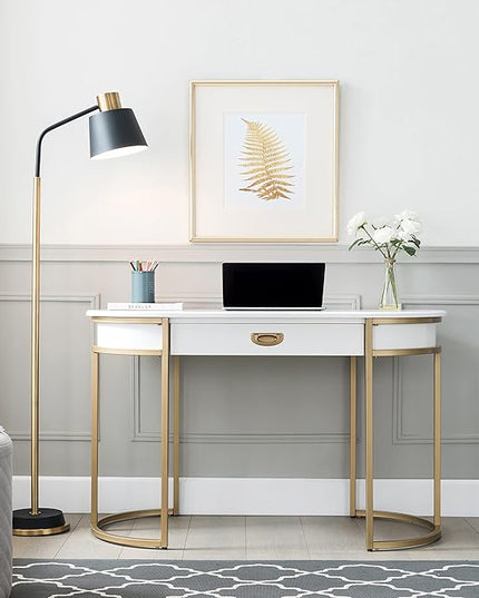 Leick Home 85405 Home Office Computer Desk with Dropfront Keyboard Drawer, Furniture, Cottage White/Gold - LeafyLoom