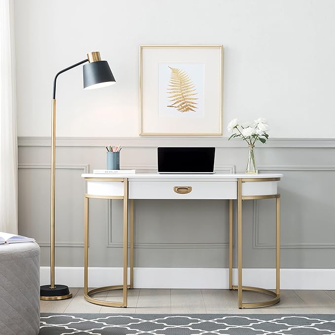 Leick Home 85405 Home Office Computer Desk with Dropfront Keyboard Drawer, Furniture, Cottage White/Gold - LeafyLoom