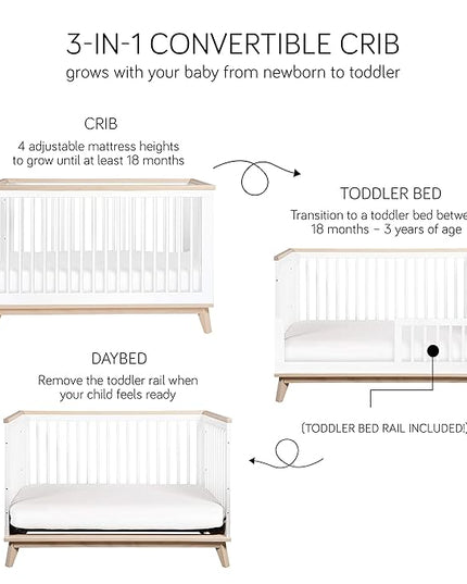 Babyletto Scoot 3-in-1 Convertible Crib with Toddler Bed Conversion Kit in White and Washed Natural, Greenguard Gold Certified - LeafyLoom