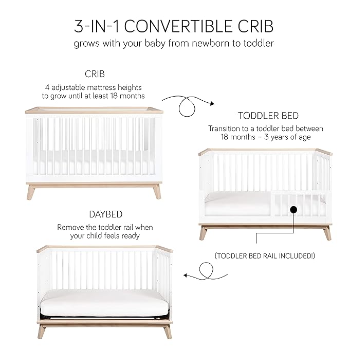 Babyletto Scoot 3-in-1 Convertible Crib with Toddler Bed Conversion Kit in White and Washed Natural, Greenguard Gold Certified - LeafyLoom