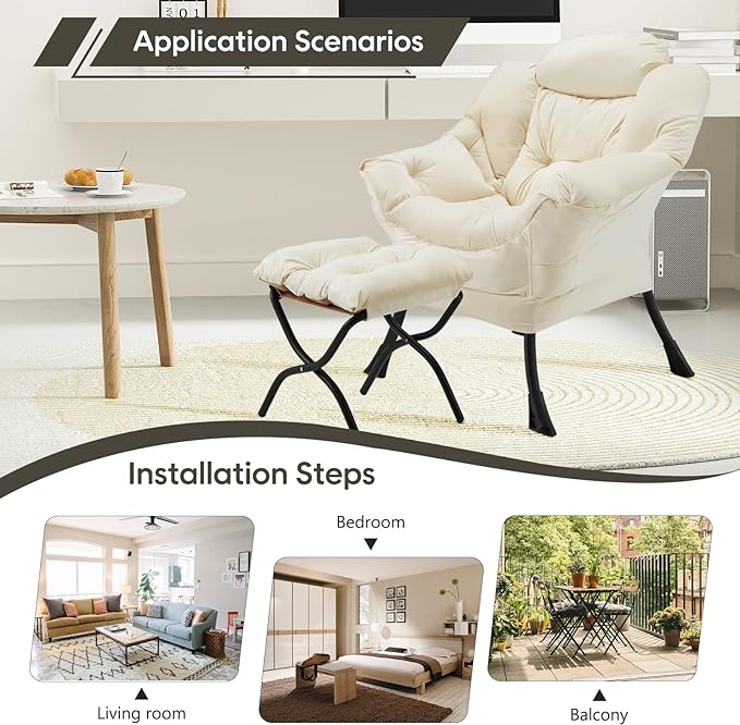 Lazy Chair with Folding Ottoman Modern Large Accent Chair,Contemporary Lounge Leisure Sofa Chair with Armrests Upholstered Sofa Armchair Reading Chair for Bedroom,Dorm & Office,Beige - LeafyLoom