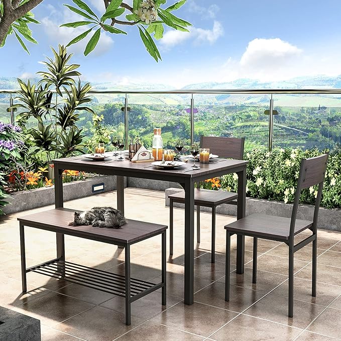 soges Dining Table Set for 4, 43.3 inch Kitchen Table set with Chairs and Bench, 4 Piece Dining Room Table Set for Small Space, Apartment, Restaurant, Rustic Oak - LeafyLoom