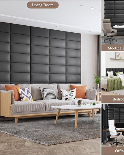 King Headboard, Wall Mounted Peel and Stick Headboard, Upholstered Leather Bed Headboard for King Size Bed, Floating Dorm Bedroom Tall Headboard Soundproof Wall Panels (12 Panels, 10"x24") - LeafyLoom