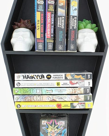MANNY'S MYSTERIOUS ODDITIES Coffin Bookshelf - Includes Removable Shelves - Small and Large Coffin Shelf 20 Inch and 14 Inch - Gothic Decor for Home - LeafyLoom