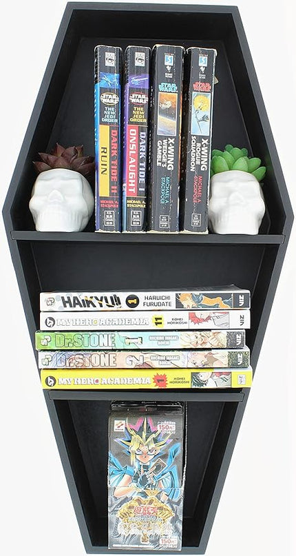 MANNY'S MYSTERIOUS ODDITIES Coffin Bookshelf - Includes Removable Shelves - Small and Large Coffin Shelf 20 Inch and 14 Inch - Gothic Decor for Home - LeafyLoom