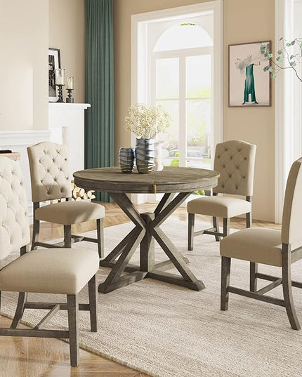 Functional Furniture Retro Style Extendable Upholstered Chairs, Living Room, 5 Piece Dining Table Set, Natural Wood Wash 4 - LeafyLoom