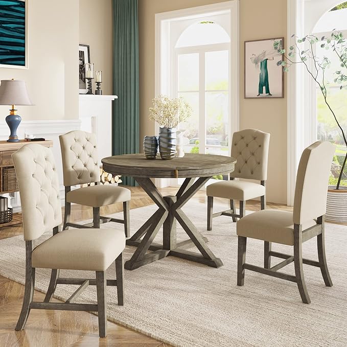 Functional Furniture Retro Style Extendable Upholstered Chairs, Living Room, 5 Piece Dining Table Set, Natural Wood Wash 4 - LeafyLoom