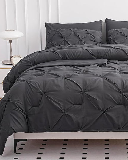 LANE LINEN King Size Comforter Set with Sheets, Pillowcases & Shams, 7 Piece Bed in a Bag Set King Size, Pintuck King Bed Comforter Set, Soft King Bedding Set, Pinch Pleated King Size Bed Set - Grey - LeafyLoom