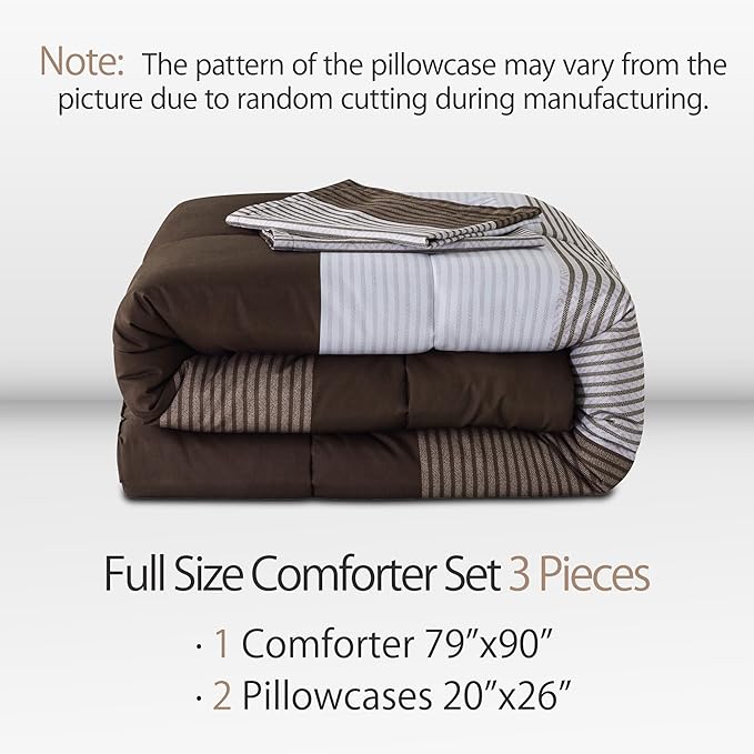 Andency Stripe Comforter Set Full Size (79x90 Inch), 3 Pieces Brown Patchwork Striped Comforter, Soft Microfiber Down Alternative Comforter Bedding Set with Corner Loops - LeafyLoom